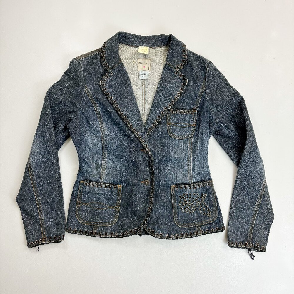 BISCOTE France Denim Jacket Blazer T3 M/L Distressed Whipstitch Y2K Grunge